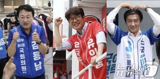 김용남 더불어민주당(왼쪽부터), 유의동 국민의힘, 조국 조국혁신당 경기 팽택시을 국회의원 후보들이 1일 경기 평택시 안중읍 안중시장을 찾아 시민들에게 지지를 호소하고 있다. 2026.6.1 ⓒ 뉴스1 김영운 기자