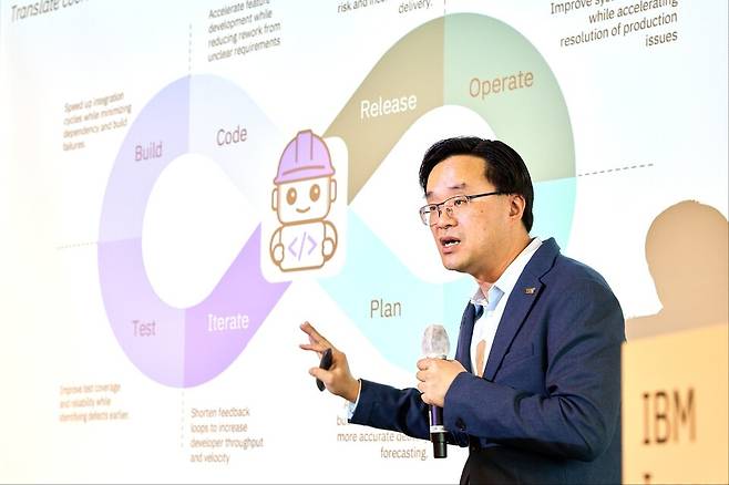 마이클 쿽 IBM 밥 솔루션 부사장 겸 캐나다 연구소장이 4일 서울 여의도 IFC 사무실에서 열린 기자간담회에서 제품을 소개하고 있다. / 사진 = IBM