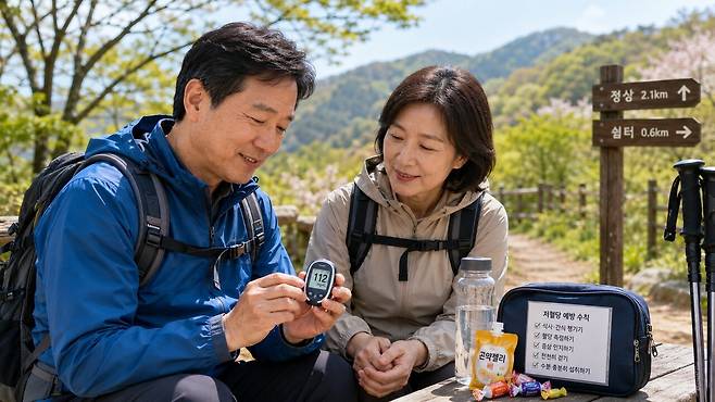 당뇨 환자가 등산처럼 장시간 중고강도 운동을 하게 될 경우, 운동 후에도 최대 24시간까지 저혈당 위험이 지속될 수 있다|출처: ChatGPT 생성