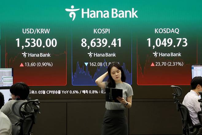 코스피 지수가 하락 마감한 4일 서울 중구 하나은행 딜링룸 현황판에 전장대비 162.08포인트(1.84%) 하락한 8,639.41을 나타내고 있다. 2026.6.4 ⓒ 뉴스1