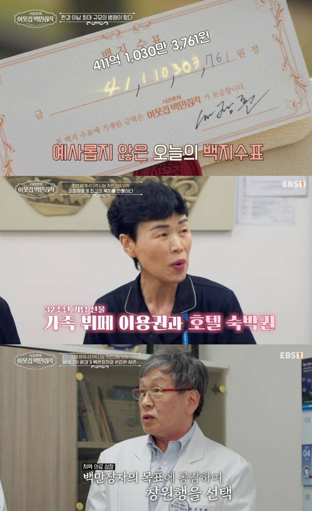창원에 초대형 종합병원을 세우고 수백억원을 기부한 의사 하충식이 "지방대 출신이라고 무시당했다"고 고충을 털어놧다. /사진=EBS '서장훈의 이웃집 백만장자' 방송화면