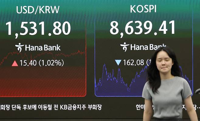 4일 오후 서울 중구 하나은행 딜링룸 현황판에 코스피와 원/달러 환율이 표시되고 있다. 연합뉴스