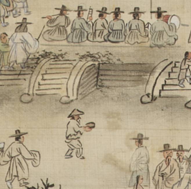 기로세련계도(1804년경) 확대. 가운데의 거지를 비롯해 구경꾼들이 모습이 세밀하게 묘사돼 있다. 김홍도 특유의 유머 감각도 드러난다.