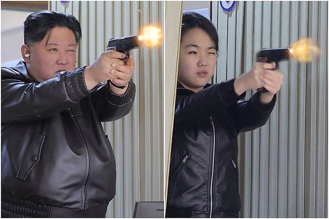 김정은 북한 국무위원장이 지난 3월 11일 군수공장을 방문해 권총 사격을 하고 있다. 군수공장 현장지도에 동행한 딸 주애도 군 간부들과 함께 권총 사격을 했다. 위 사진은 김 위원장과 주애의 사진을 하나로 붙인 것이다. 조선중앙통신·연합뉴스