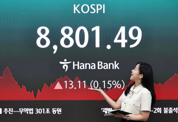 지난 2일 코스피는 전 거래일 대비 13.11포인트(0.15%) 오른 8,801.49에, 코스닥은 24.00포인트(2.29%) 내린 1,026.03에 장을 마감했다. 연합뉴스
