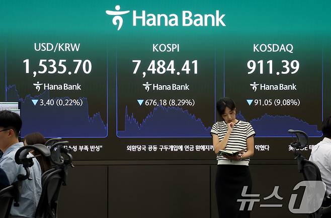 코스피 지수가 8%넘게 폭락 마감한 8일 오후 서울 중구 하나은행 딜링룸 현황판에 전장대비 676.18포인트(8.29%) 하락한 7.484.41을 나타내고 있다. 2026.6.8 ⓒ 뉴스1 이광호 기자