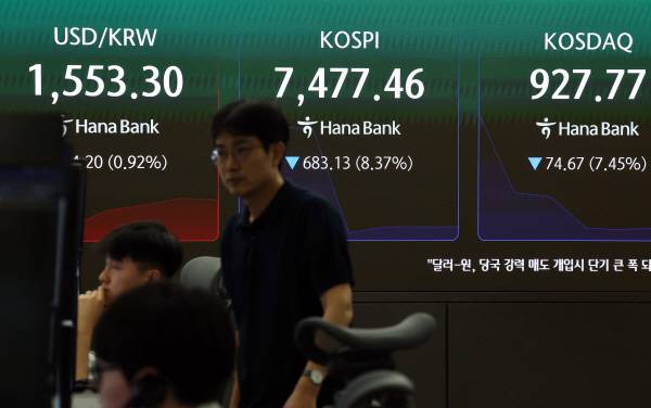 급락장에 코스피 서킷 브레이커가 발동된 8일 서울 하나은행 본점 딜링룸에서 딜러들이 업무를 보고 있다. 연합뉴스
