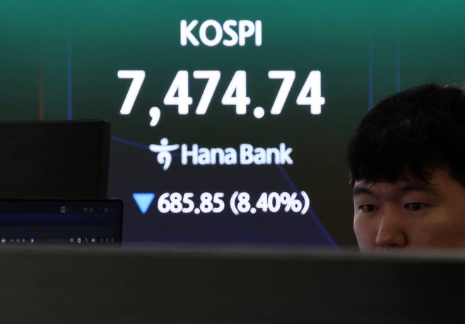 급락장에 코스피 서킷브레이커가 발동된 8일 서울 하나은행 본점 딜링룸에서 딜러들이 업무를 보고 있다. ⓒ연합뉴스