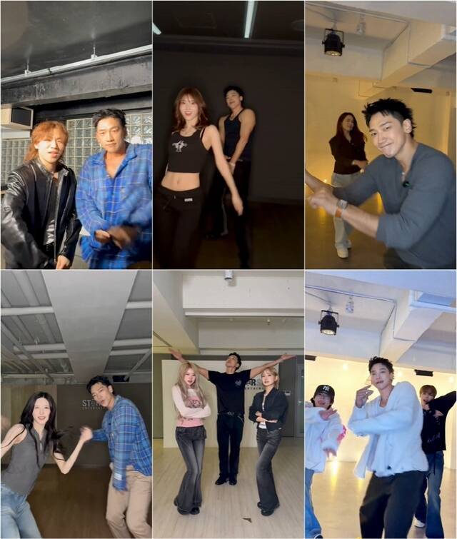 비는 엑소 카이, 빅뱅 대성, 트와이스 모모, 아이브 가을 등과 진행한 신곡 'FEEL IT' 챌린지로 많은 관심을 받고 있다. 사진은 챌린지 영상 장면들. /레인컴퍼니