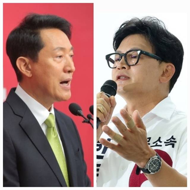 오세훈 국민의힘 서울시장 당선인(왼쪽)과 한동훈 무소속 부산 북구갑 국회의원. 연합뉴스