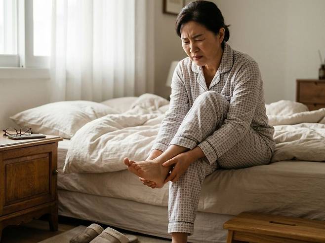 발뒤꿈치 통증으로 인해 고통스러워하는 중년 여성의 모습을 기반으로 제작한 AI 이미지. 족저근막염은 단순 발 피로로 여겨 방치하기 쉽지만, 초기 치료 시기를 놓치면 만성으로 굳어 무릎·허리 통증까지 부르는 질환이다. /사진=Gemini