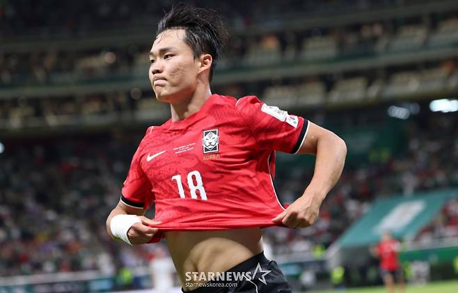 2026 북중미월드컵 A조 예선 대한민국-체코전이 12일(한국 시간) 멕시코 과달라하라 에스타디오 아크론에서 열렸다. 오현규가 역전골을 터트린 후 환호하고 있다. /사진=김진경 대기자