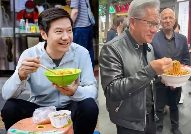 열간면을 먹는 레이쥔과 짜장면을 먹는 젠슨황. 샤오홍수(小红书) 캡처