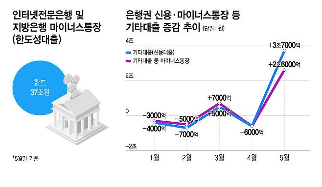 인터넷전문은행 및 지방은행 마이너스통장, 은행권 신용·마이너스통장 등 기타대출 증감 추이/그래픽=윤선정