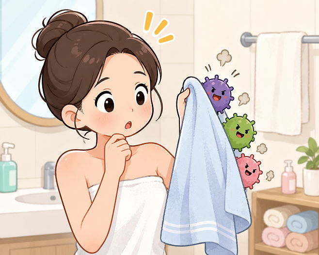 화장실에 걸어둔 젖은 수건은 각종 세균이 득실거리기 때문에 자주 세탁하고 교체해주는 것이 좋다. 생성형 AI로 만든 이미지