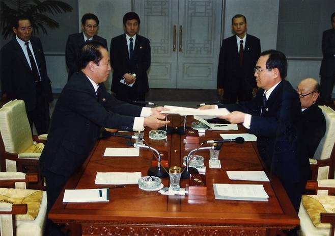 1992년 3월 14일 평화의 집에서 열린 남북핵통제공동위원회 구성·운영을 위한 제7차 대표접촉. 통일부 제공