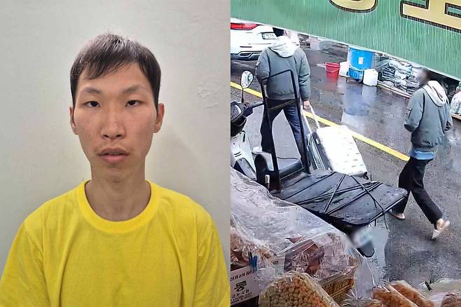 장모를 장시간 폭행해 살해한 뒤 시신을 캐리어에 담아 유기한 사위 조재복(26)의 머그샷. 오른쪽은 지난 3월18일 장모의 시신이 담긴 캐리어를 끌고 대구 신천으로 이동하는 모습. 대구경찰청 제공·연합뉴스