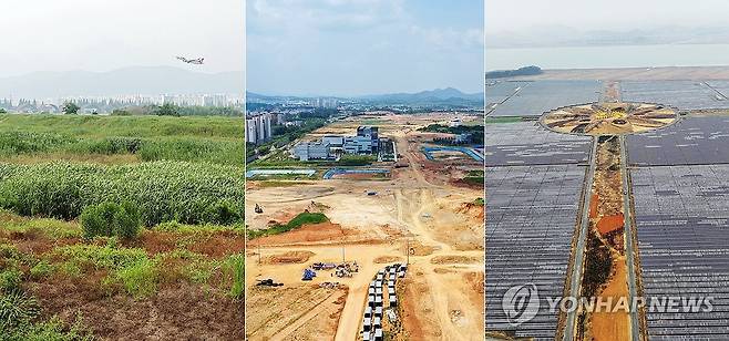 호남권 '반도체 공장' 후보지로 거론되는 3곳 (광주=연합뉴스) 조남수 정다움 기자 = 30일 오후 광주 김대중컨벤션센터에서 열린 서남권 첨단산업 발전비전 국민보고회에서 삼성전자와 SK하이닉스는 호남권에 반도체 생산공장(팹)을 만들겠다는 투자 계획을 발표했다.
사진은 반도체 공장 후보지로 거론되는 광주 군 공항 일원(왼쪽부터)·광주 첨단 3지구·전남 해남군 산이면 솔라시도 부지 모습. 2026.6.30 daum@yna.co.kr