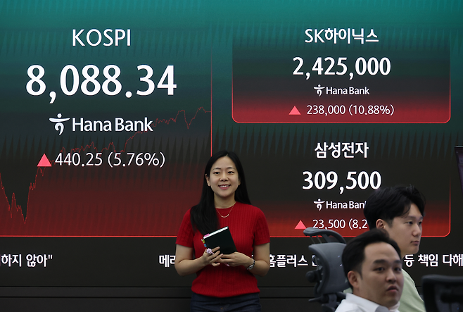 3일 서울 중구 하나은행 딜링룸 현황판에 코스피 지수와 SK하이닉스, 삼성전자 종가가 표시돼있다. 연합뉴스