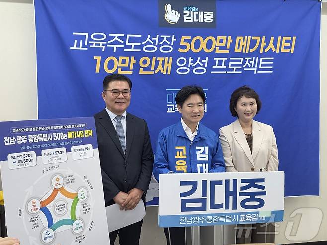 김대중 전남광주특별시교육감 후보가 27일 광주시교육청에서 오경미 전 광주교육청 교육국장과 문승태 전 순천대 부총장과 기자회견을 앞두고 기념사진을 찍고 있다. ⓒ 뉴스1 서충섭 기자
