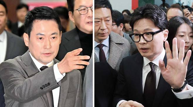 '한동훈 전 대표 제명'을 의결한 1월 29일 장동혁 국민의힘 대표가 국회에서 최고위원회의 참석을 위해 이동하고 있다(왼쪽 사진). 같은 날 기자회견을 마친 뒤 국회의사당을 나서고 있는 한동훈 의원. 민경석 기자