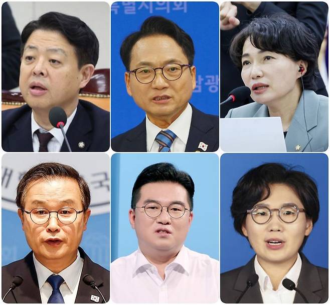 더불어민주당 선출직 최고위원에 도전한 광주전남 연고 정치인들. 윗줄 맨 왼쪽부터 김영호, 박선원, 서미화 의원, 아랫줄 왼쪽부터 이건태, 정준호 의원. 아랫줄 맨 오른쪽은 당대표에 출마한 김보미 전 강진군의회 의장. (사진=뉴시스DB) *재판매 및 DB 금지