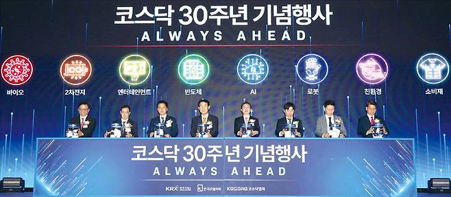 코스닥은 하반기 증시에서 중요한 순환매 무대가 될 전망이다. 사진은 지난 7월 1일 서울 여의도 콘래드 호텔에서 열린 코스닥 30주년 기념행사에서 이억원 금융위원장 등 참석자들이 기념 세리머니를 하고 있다. (연합뉴스)