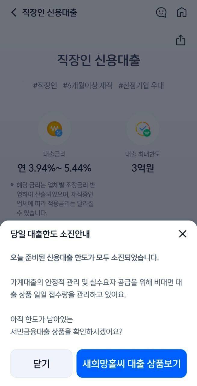 신한은행 앱 내 직장인 신용대출 서비스 당일 대출한도 소진 안내. /독자 제공
