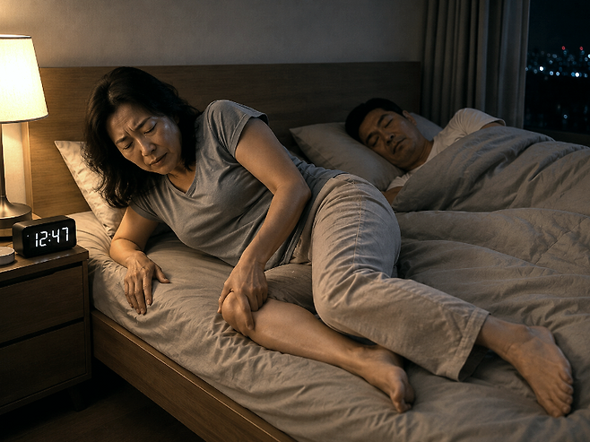 다리의 이상 감각으로 잠을 못 이루는 중년 여성의 모습을 AI로 형성한 이미지. /사진=챗GPT