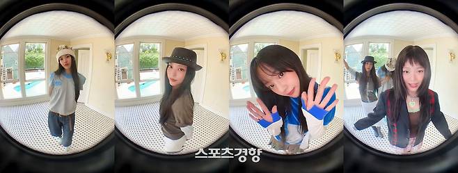 그룹 뉴진스의 민지·하니·해린·혜인(왼쪽부터)이 데뷔 4주년 기념 쇼츠 영상에서 어안렌즈 카메라를 바라보며 장난스러운 표정을 짓고 있다. 뉴진스 공식 유튜브 채널 캡처