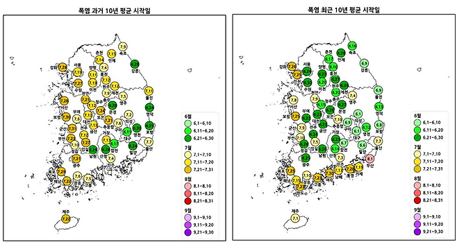 과거 10년의 폭염 평균 시작일(왼쪽)과 최근 10년의 폭염 평균 시작일(오른쪽). 최근 10년의 6월 폭염 시작일(녹색)이 뚜렷하게 많아졌다. 기상청 제공