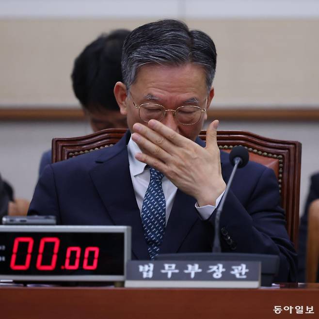 정성호 법무부 장관이 27일 서울 여의도 국회에서 열린 법제사법위원회 전체회의에 참석해 의원 질의를 듣는 도중 안경을 고쳐쓰고 있다. 박형기 기자 oneshot@donga.com