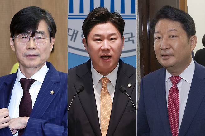 국민의힘 중앙윤리위원회는 27일 전체회의를 열어 6선 조경태 의원과 친한(친한동훈)계 초선 진종오 의원, 재선 권영진 의원에 대한 징계 절차를 개시했다. 사진 왼쪽부터 조경태, 진종오, 권영진 의원. 연합뉴스