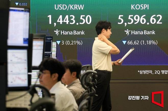 코스피 지수가 전 거래일 대비 18.53포인트 상승한 5681.77로 장을 시작한 30일 서울 중구 하나은행 본점 딜링룸 전광판에 국내증시 현황이 표시돼 있다. 2026.7.30 강진형 기자