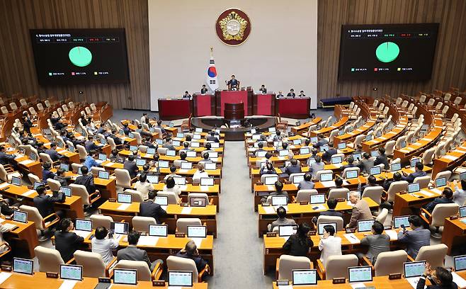 31일 국회에서 열린 7월 임시국회 제3차 본회의에서 전날 상정된 '보완수사권 폐지'를 골자로 하는 형사소송법 개정안이 여당 주도로 통과되고 있다./연합뉴스