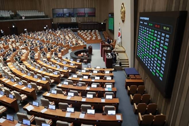 지난달 31일 국회에서 열린 7월 임시국회 제3차 본회의에서 전날 상정된 검사의 보완수사권 폐지를 골자로 한 형사소송법 일부개정법률안이 통과되고 있다. 연합뉴스