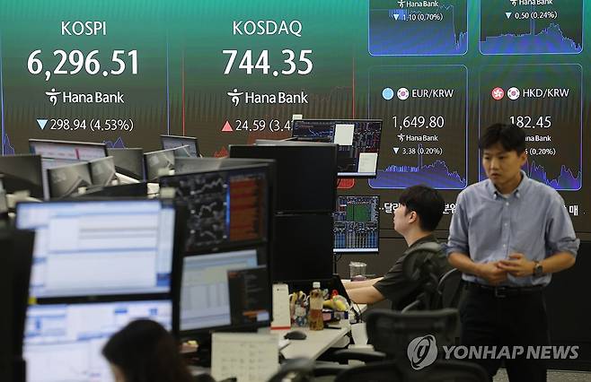 코스닥 급등에 매수 사이드카 발동 (서울=연합뉴스) 박동주 기자 = 코스닥 급등에 매수 사이드카가 발동된 3일 서울 중구 하나은행 딜링룸에서 직원들이 업무를 보고 있다. 2026.8.3 pdj6635@yna.co.kr