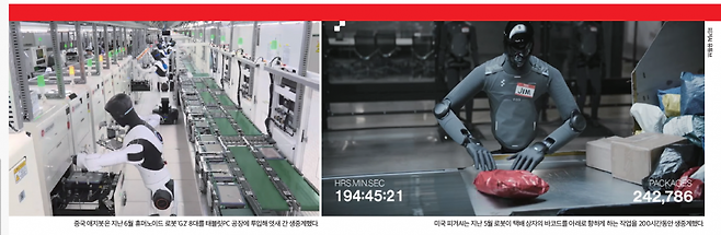 미국 피겨 AI(오른쪽)와 중국 애지봇은 지난 5월과 6월 휴머노이드 로봇이 실제 공장에서 일하는 장면을 생중계했다. 유튜브 캡처