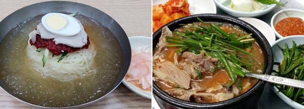부산역 주변에 식당이 많은 대표 향토음식 밀면(왼쪽)과 돼지국밥. 음식이 빠른 시간에 나오면서 양과 영양소가 풍부해 배를 든든히 채울 수 있는 ‘웰 패스트푸드’이다.