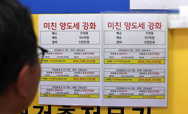 지난 3일 정부의 세제개편안 발표 이후 서울 부동산 중개업소에 붙은 양도세 관련 안내문. 연합뉴스