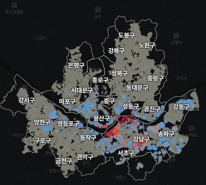 ▲토지+자유연구소가 정부의 2026년 세제개편안을 서울 공동주택에 적용해 분석한 종합부동산세 변화 지도. 종부세 증가 주택은 붉은색, 감소 주택은 파란색으로 표시됐으며 강남·서초·용산 등 고가주택 밀집지역에 증가 주택이 집중된 모습이다. 사진=토지+자유연구소