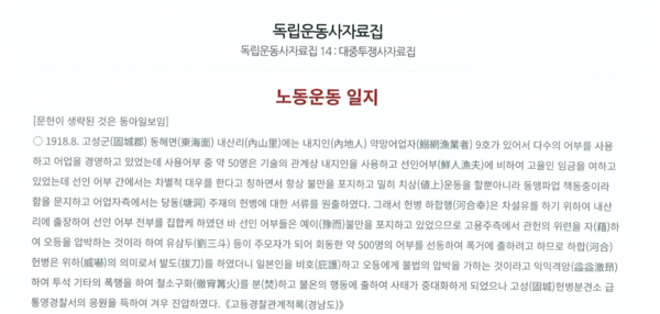 <독립운동사자료집> 속 '고등경찰관계적록(경남도)'에 기록된 1918년 고성군 동해면 내산리 어민항쟁 관련 내용. /경남도