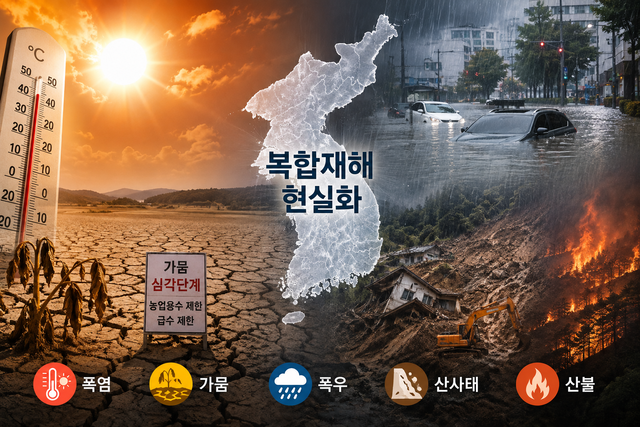 한반도에서 현실화되고 있는 폭염·가뭄·폭우 등 복합재해를 챗GPT로 그린 일러스트.