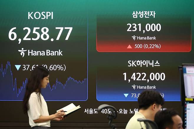 코스피가 전날대비 37.61포인트 (0.60%) 내린 6258.77에 장을 마감한 7일 서울 하나은행 본점 딜링룸에서 딜러들이 업무를 보고 있다. 삼성전자는 0.22% 오른 23만1000원, SK하이닉스는 4.88% 내린 1,42민2000원에 마감했다. 2026.08.07. /사진=뉴시스