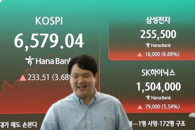 ▲12일 서울 중구 하나은행 딜링룸 전광판에 코스피, 삼성전자, SK하이닉스 주가가 표시돼있다.