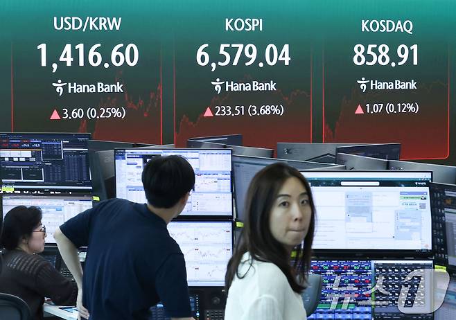 12일 오후 서울 중구 하나은행 딜링룸 전광판에 코스피 지수 등 시황이 표시되고 있다. 이날 코스피는 전 거래일보다 233.51p(3.68%) 오른 6579.04로 상승 마감했다. 2026.8.12 ⓒ 뉴스1 이종수 기자