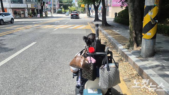 울퉁불퉁한 인도는 휠체어 장애인에게 스트레스다. 전미영씨는 그늘이 있는 인도를 피해 햇볕을 고스란히 받는 차도로 달릴 수 밖에 없다고 말했다. 심동훈 기자