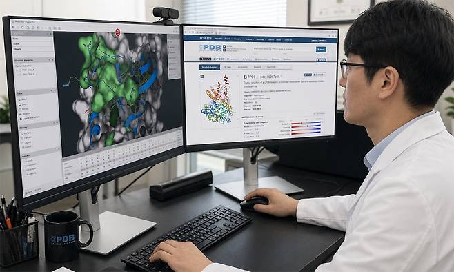 연구팀이 차세대 비만치료제 후보물질의 데이터를 확인하고 있다. 경과원 제공