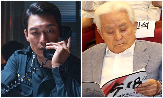 영화 ‘서울의 봄’에서 극중 전두광(배우 황정민) 보안사령관의 비서실장으로 육군 통신 감청을 맡았던 문일평(배우 박훈) 대령. 오른쪽은 13일 이진숙 국민의힘 의원이 국회에서 주최한 ‘5·18 민주화운동의 재조명 국회 공개 포럼’에 참석한 허화평씨. ‘서울의 봄’ 영화 스틸컷 갈무리, 김정효 기자 hyopd@hani.co.kr