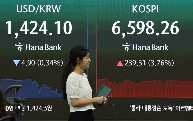 서울 중구 하나은행 본점 딜링룸 전광판에 코스피지수, 환율이 표시돼 있다. 연합뉴스